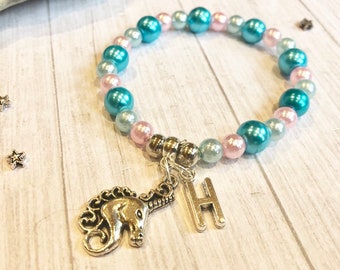 Beaded Unicorn bracelet | Personalised with Initial charm | Female/girls birthday gift