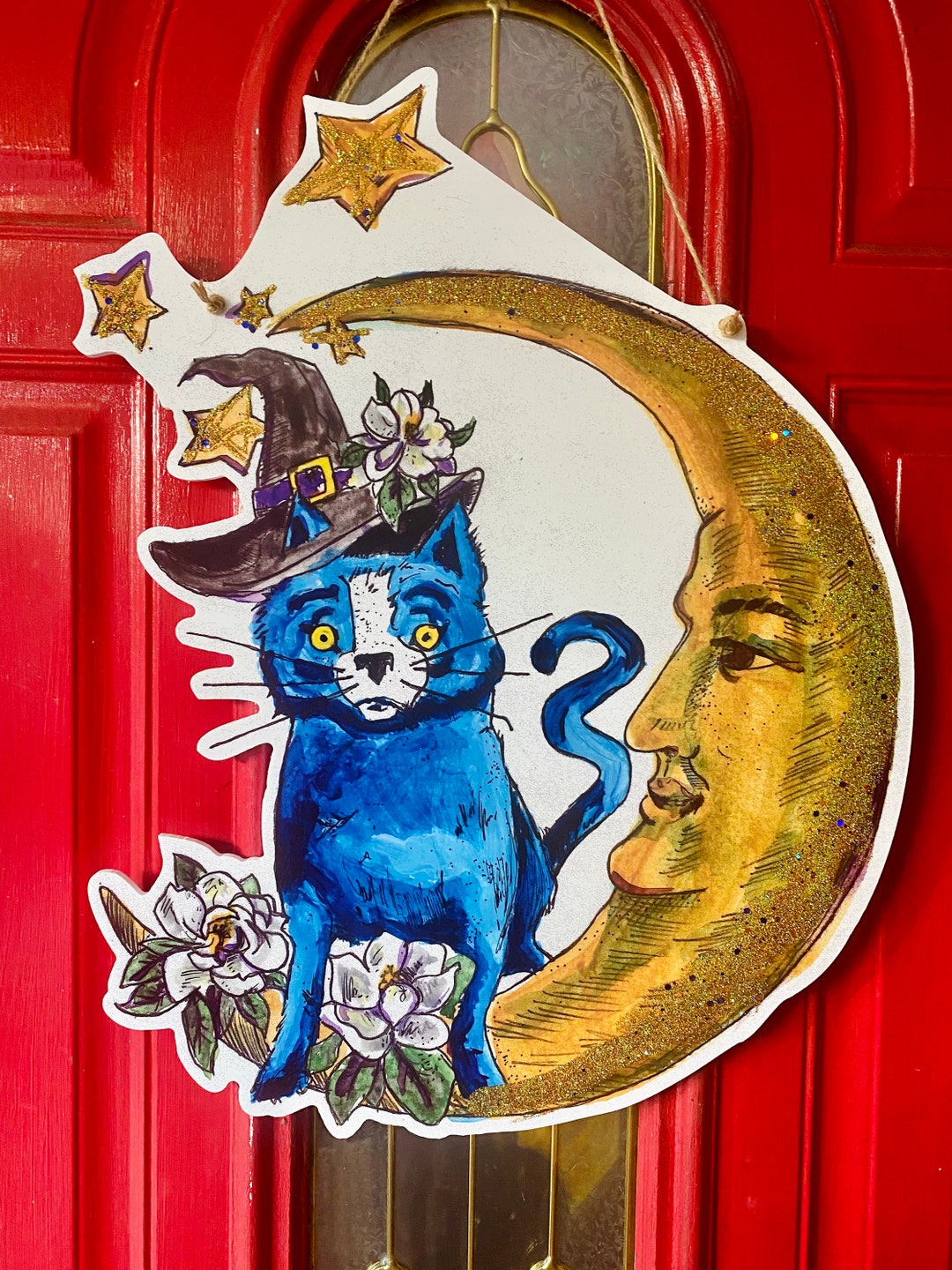 Blue Cat Halloween Door Hanger New Orleans Art, Door Hanger, New