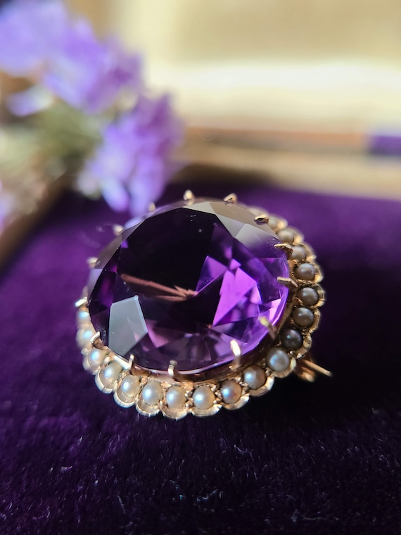 Antique Amethyst & Seed Pearl Halo 14k gold Brooc… - image 1