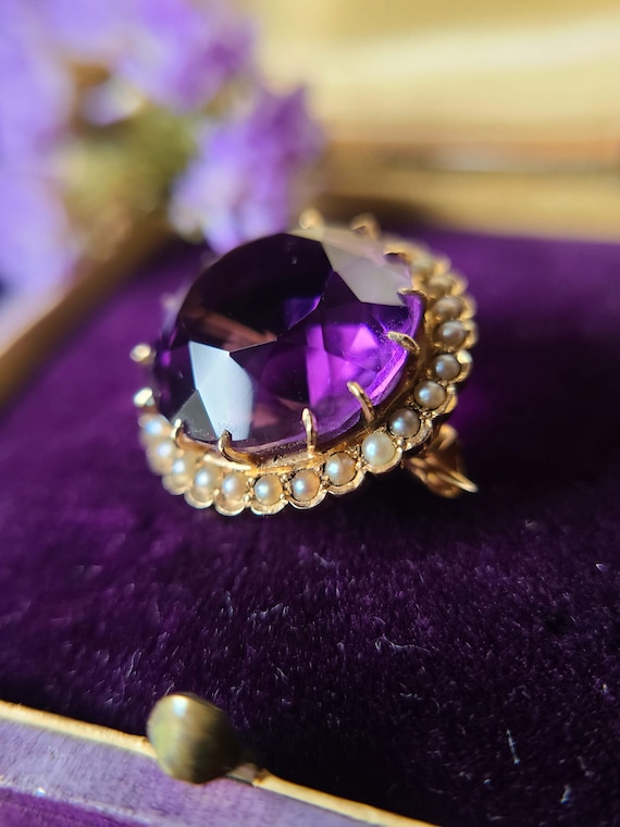 Antique Amethyst & Seed Pearl Halo 14k gold Brooc… - image 3