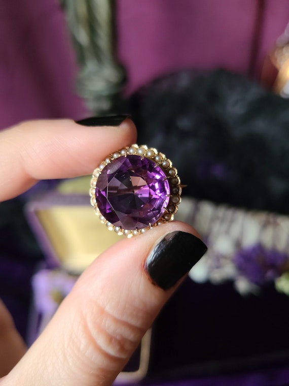 Antique Amethyst & Seed Pearl Halo 14k gold Brooc… - image 4