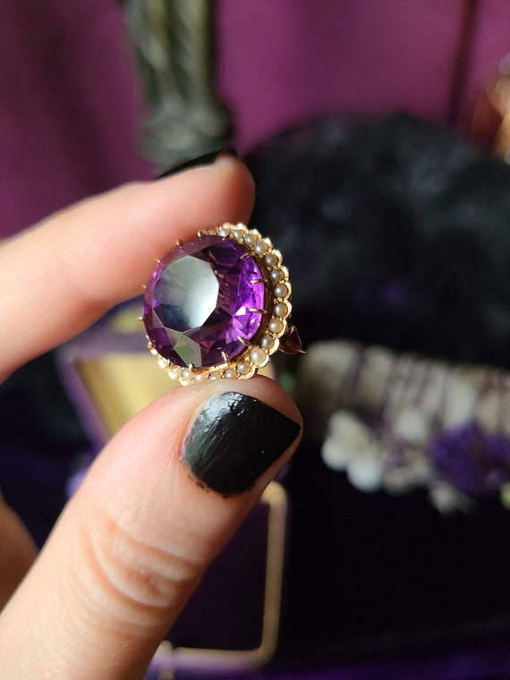 Antique Amethyst & Seed Pearl Halo 14k gold Brooc… - image 5