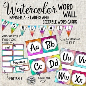 Ensemble de mur de mot de décor de salle de classe d'aquarelle | Bannière et cartes modifiables | Mur de mots des enseignants | Mur de mots du tableau d'affichage