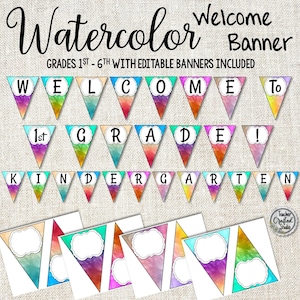 Printable Classroom Watercolor Welcome Banner | Editable Bulletin Board Banner | 1st through 6th grades | Back to School Banner