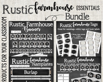 Rustic Farmhouse Essentials Bundle | Welcome Banner | Word Wall | Name Tags | Desk Nameplates | Farmhouse Classroom Decor