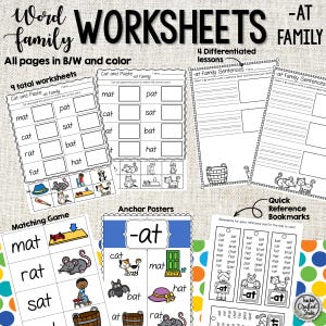 AT Word Family Worksheets and Activities | Phonics Practice | Posters and Crafts | Printable Digital Files