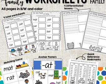 AT Word Family Worksheets and Activities | Phonics Practice | Posters and Crafts | Printable Digital Files