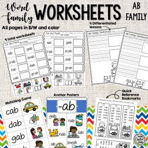 AB Word Family Worksheets and Activities | Phonics Practice | Posters and Crafts | Printable Digital Files