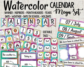 Watercolor Mega Calendar set | Classroom Calendar | Pocket Calendar | Printable Calendar | Editable Calendar