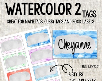 Printable Watercolor 2 Tags | Watercolor Classroom Decor | Editable Organizational Tags | Birthday Party Tags