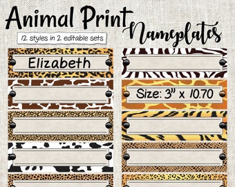 Printable Animal Print desktop Nameplates - Classroom Labels - Editable Desk Tags