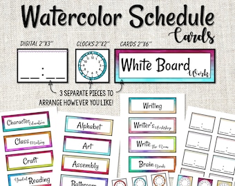 Rainbow Watercolor Schedule Cards and Time | Watercolor Classroom Decor | Editable Classroom Schedule | Back to School Printable Schedule