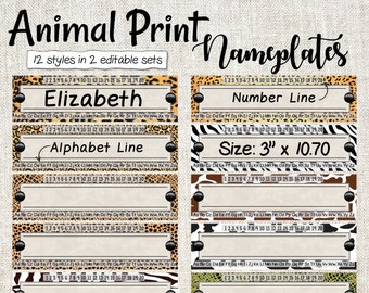 Printable Animal Print desktop Nameplates  | Classroom Labels | Editable Desk Tags | Alphabet and Number Lines