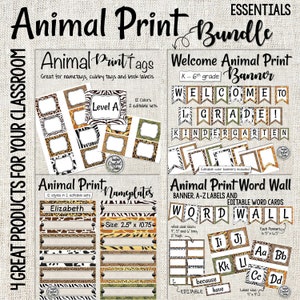 Animal Print Essentials Bundle | Back To School | Welcome Banner | Name Tags | Name plates | Word Wall