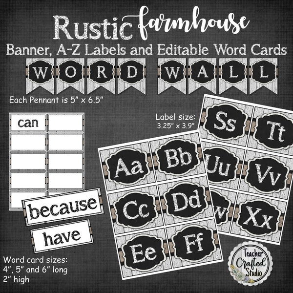 Rustic Farmhouse Classroom Word Wall Set | Banner and Editable Cards | Teacher Word Wall | Bulletin Board Word Wall