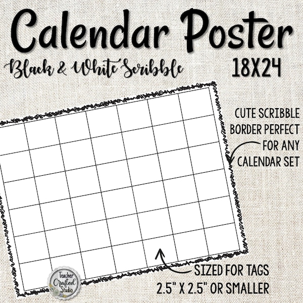 Scribble Black and White Calendar Poster | 18x24 Calendar Poster | Printable Classroom Calendar Poster | Family Calendar Poster