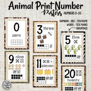 Animal Print Number Posters 0-20 - Ten Frames Posters - Instant Digital Download - Classroom Posters