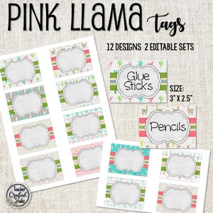 Printable Pink Llama Tags - Editable Organizational Tags - Classroom Tags - Birthday Party Tags