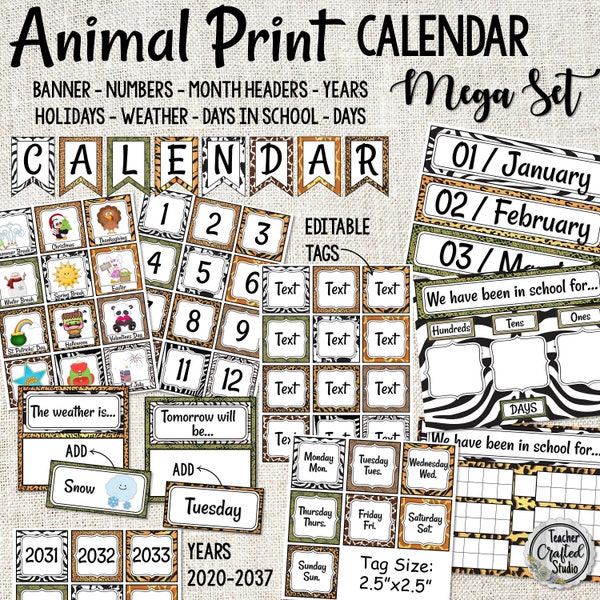 Animal Print Mega Calendar set | Classroom Calendar | Pocket Calendar | Printable Calendar | Editable Calendar