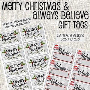 Printable Christmas Tags- Believe Tags - Classroom Christmas Tags - Merry Christmas Gift Tags
