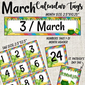 May include: A set of printable calendar tags for March with a St. Patrick's Day theme. The tags feature a rainbow design with shamrocks and gold coins. The month header is 2.5 inches by 10.25 inches and the number tags are 2.5 inches by 2.5 inches.