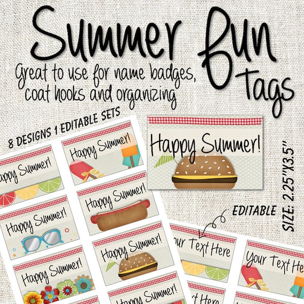 Printable Summer fun Tags - Editable Organizational Tags - End Of Year Tags - Birthday Party Tags - Name Badge Tags - Classroom Tags