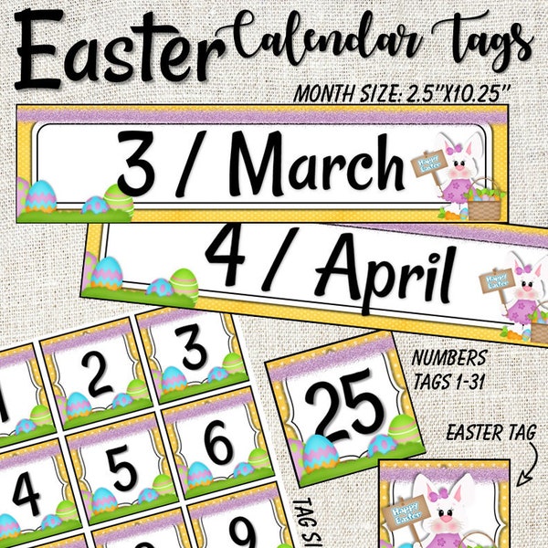 Printable Easter Calendar Tag Set - Calendar Number Tags - April May Calendar - Classroom Set - Kindergarten