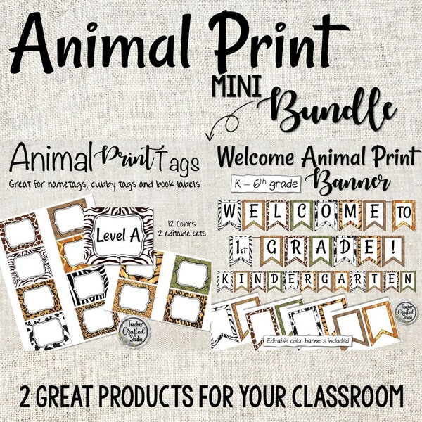 Animal Print Mini Bundle | Welcome Banner | Cubby Tags and Book Bin Labels | Safri Theme Classroom