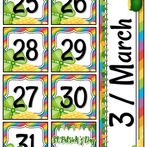 May include: A colorful countdown calendar for March with a rainbow background and shamrock accents. The calendar includes the dates 25th through 31st, with the 17th highlighted as St. Patrick's Day.