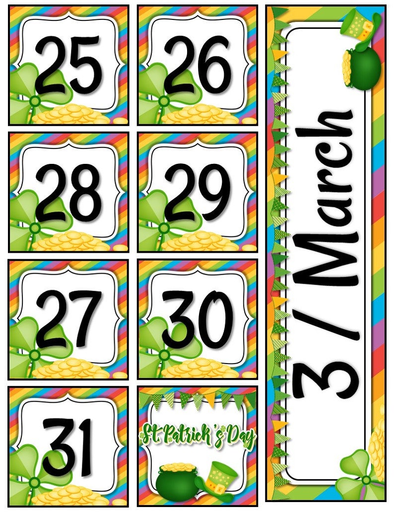 May include: A colorful countdown calendar for March with a rainbow background and shamrock accents. The calendar includes the dates 25th through 31st, with the 17th highlighted as St. Patrick's Day.