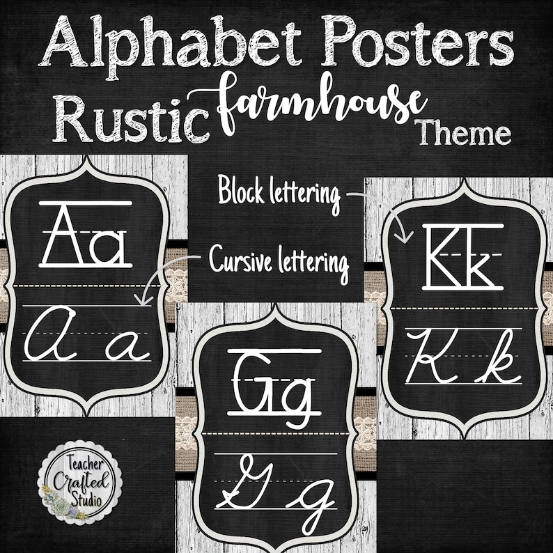 Rustic Farmhouse Alphabet Posters | Print and Cursive Alphabet Posters | Classroom Posters image 1