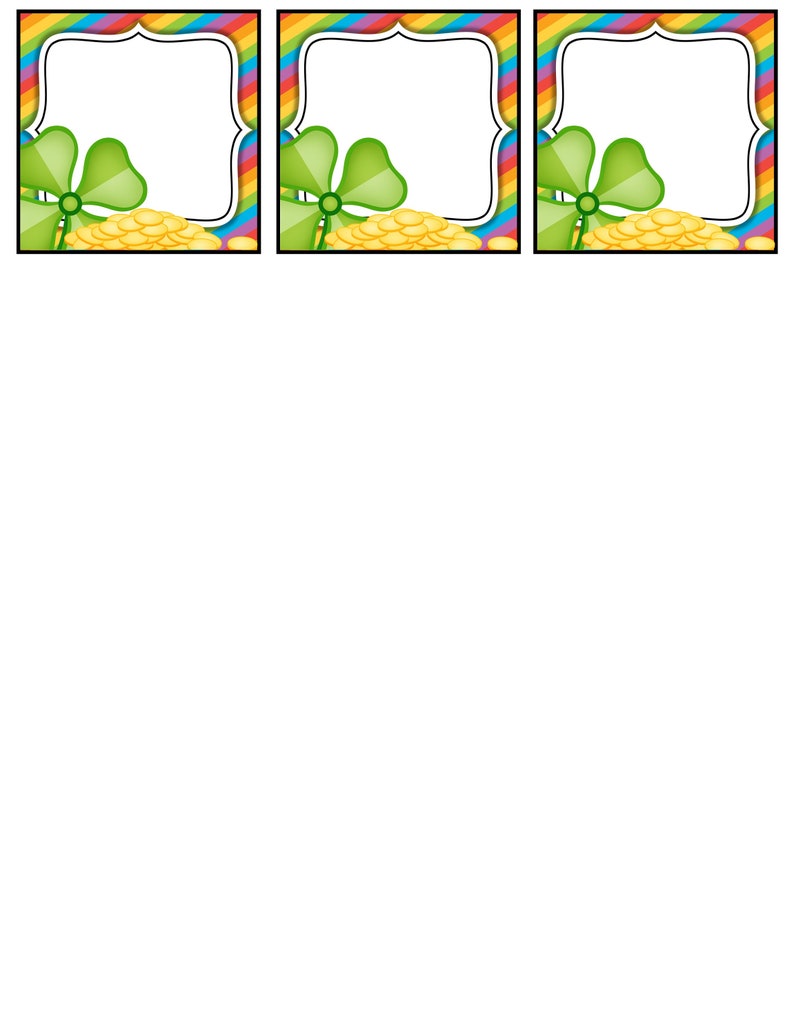 May include: Three printable St. Patrick's Day gift tags with a rainbow border, a shamrock, and a pot of gold.