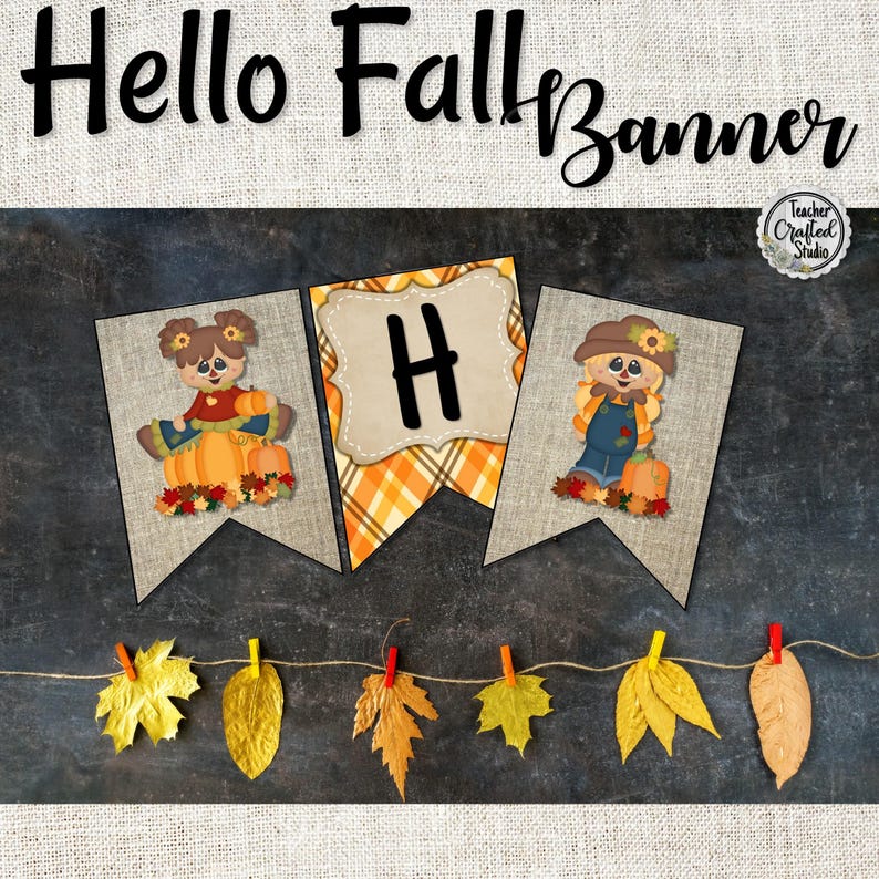 Hallo Herbst Banner | Karierter Herbst Klassenzimmer Dekor | Vogelscheuche Pinnwand Banner Bild 2