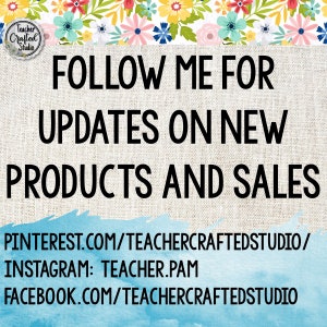 May include: A blue and white watercolor background with the text "FOLLOW ME FOR UPDATES ON NEW PRODUCTS AND SALES" in black. Below the text are links to the seller's social media accounts: Pinterest, Instagram, and Facebook.