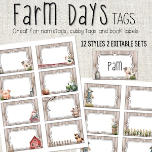 May include: Twelve printable farm-themed name tags with various illustrations, including a pig, a chicken, a cow, a tractor, and a barn. The text "Farm Days Tags" and "12 Styles 2 Editable Sets" is visible at the top of the image. The text "Pam" is visible on one of the name tags.