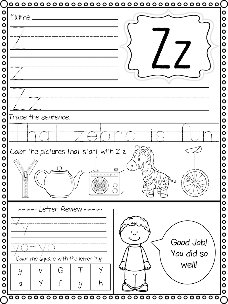 May include: Black and white printable worksheet for kids to practice tracing the letter Z and the word "zebra". The worksheet also includes a section for letter review and a section for coloring pictures that start with the letter Z.