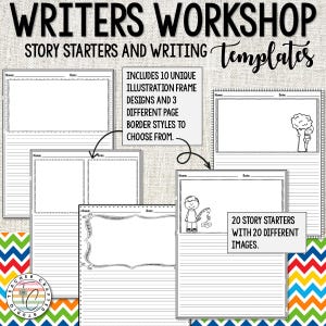 Può includere: Una raccolta di modelli di scrittura in bianco e nero per un laboratorio di scrittura. I modelli includono spunti di storie, cornici di illustrazione e vari stili di bordo. Il testo sull'immagine recita "WRITERS WORKSHOP STORY STARTERS AND WRITING Templates."