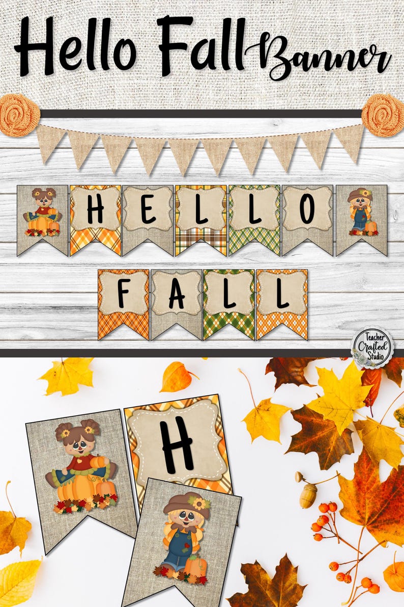 K&ouml;nnte beinhalten: Ein dekoratives Banner mit dem Text Hello Fall, bestehend aus Wimpeln in Jute- und Karomustern. Das Design enth&auml;lt Illustrationen von Vogelscheuchen und K&uuml;rbissen. Das Banner wird mit einer Schnur aus Jutedreiecken und orangen Stoffblumen pr&auml;sentiert.