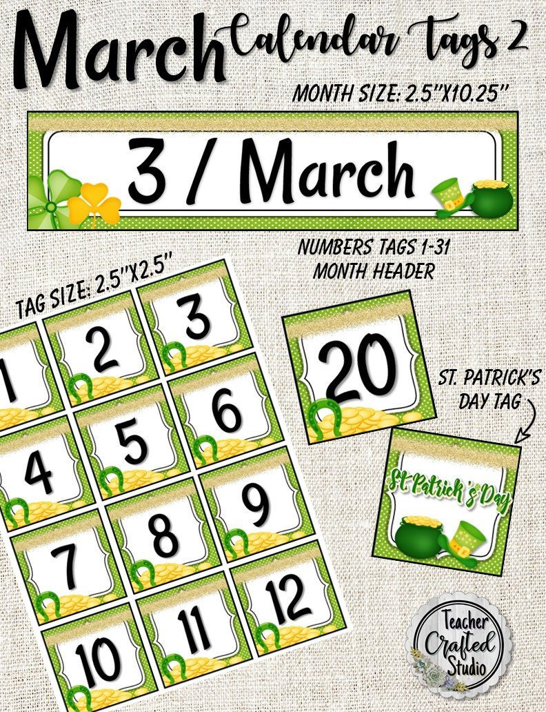 Printable March Calendar Tag Set Calendar Number Tags St. Etsy France