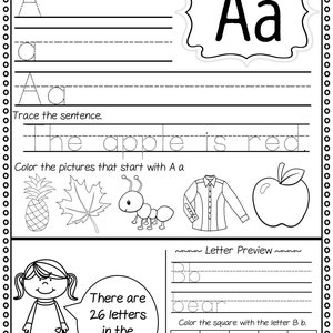 May include: Black and white printable worksheet for learning the letter A. The worksheet includes tracing the letter A, writing the letter A, tracing the sentence "The apple is red", and coloring pictures that start with the letter A. The worksheet also includes a preview of the letter B.