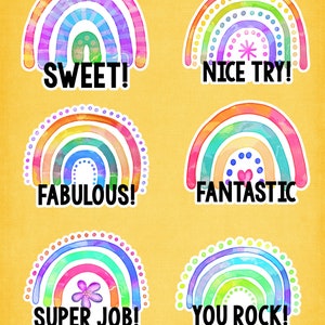May include: Six colourful rainbow stickers with different encouraging messages. The messages are "Sweet!", "Nice Try!", "Fabulous!", "Fantastic", "Super Job!" and "You Rock!"