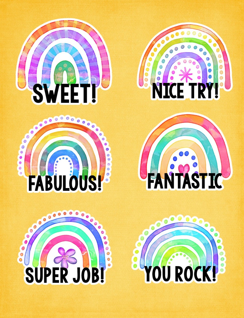 May include: Six colourful rainbow stickers with different encouraging messages. The messages are "Sweet!", "Nice Try!", "Fabulous!", "Fantastic", "Super Job!" and "You Rock!"