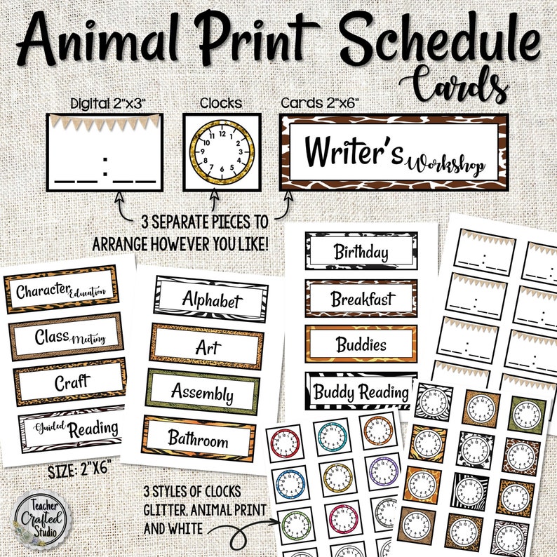 Animal Print Schedule Cards and Times Editable Classroom Schedule