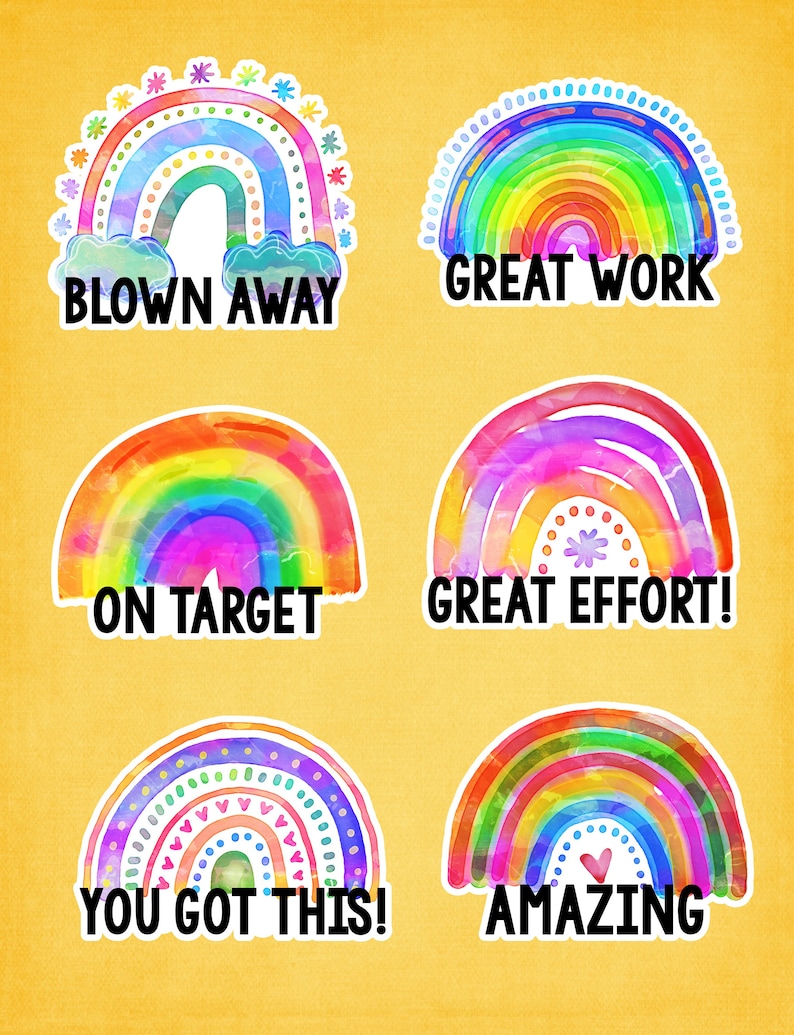 May include: Six colourful rainbow stickers with encouraging phrases. The stickers feature a rainbow design with different colours and patterns. The phrases are "Blown Away", "Great Work", "On Target", "Great Effort", "You Got This", and "Amazing".