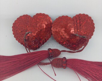 Red heart nipple pasties with removable tassels