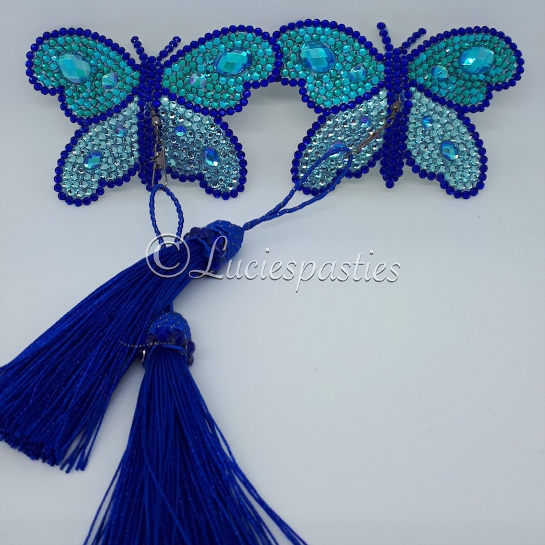 Blue butterfly nipple pasties with removable tassels