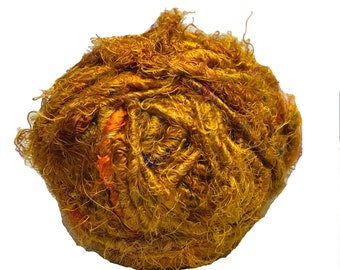 Hilo de seda sari reciclado color mostaza: hilo grueso para manualidades (65 metros)