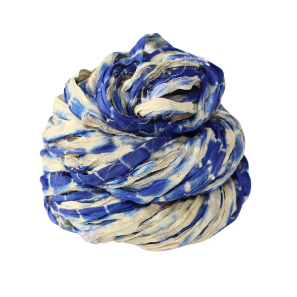 SHIBORI dye | Sari Silk Ribbon super bulky yarn - Royal Blue white - Silk Strips - Great for Mixed Media, Rug making, Jewellery | 30 yards