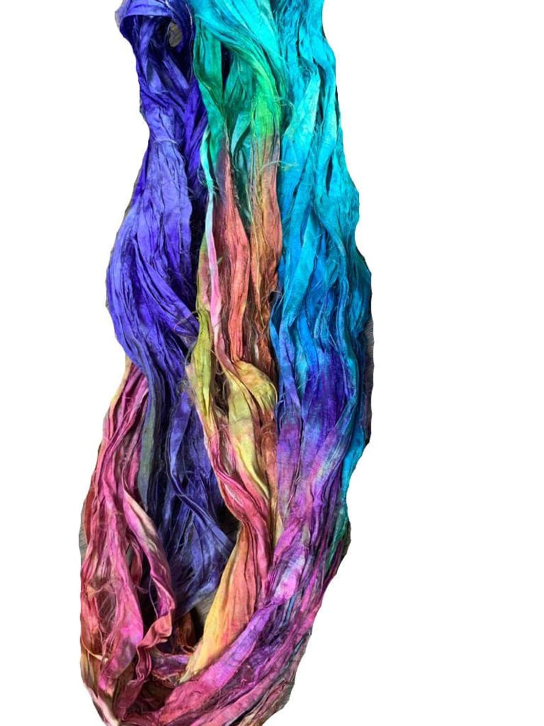 Green Recycled Sari Silk Ribbon Yarn -Yellow Silk Strips -50 GMS Pink Blue Boho Ribbon Great for Necklaces Rug making Jewelery