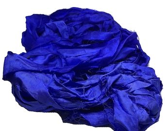 10 yards Recycled Sari Silk Ribbon - Blue Yarn - Sari Silk Ribbons - Silk Strips - Great for Mixed Media, Rug making, Jewellery